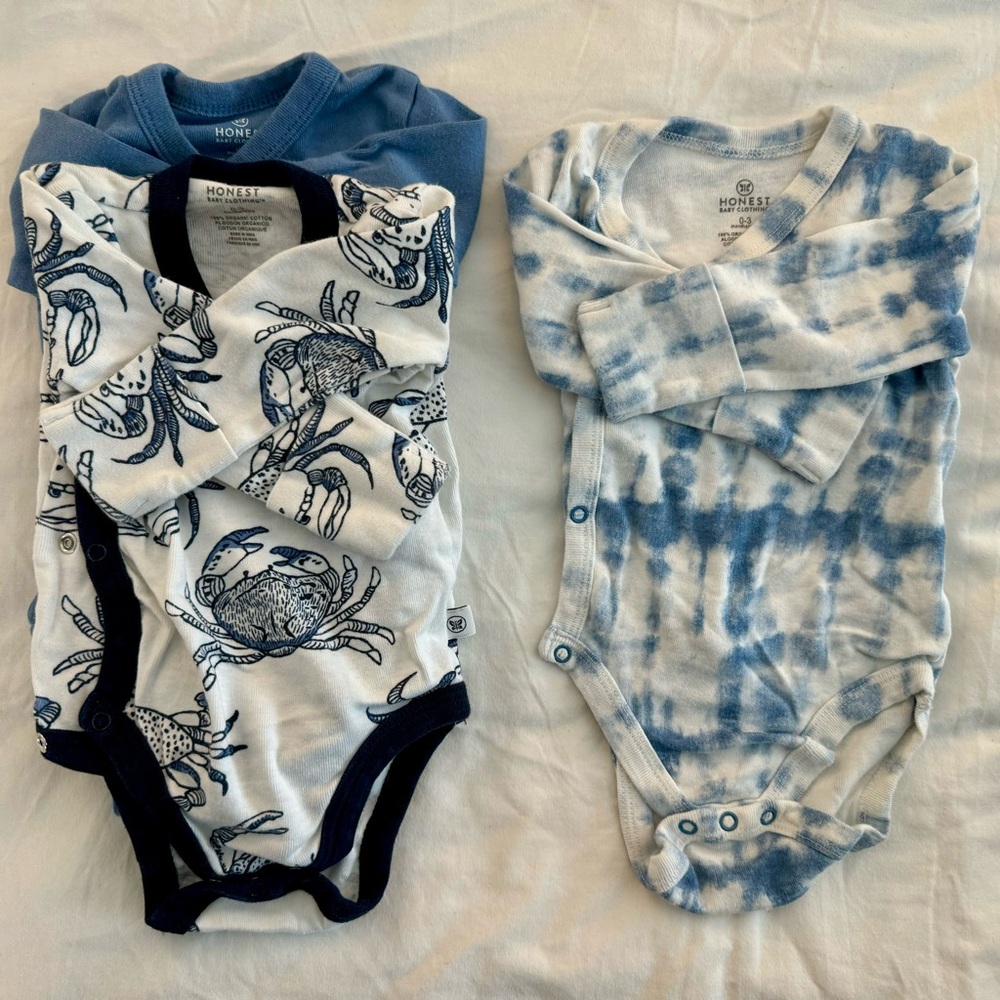 HonestBaby Long Sleeve Kimono Bodysuits x3 | Crab, Tie-Dye + Blue | 0-3mos
